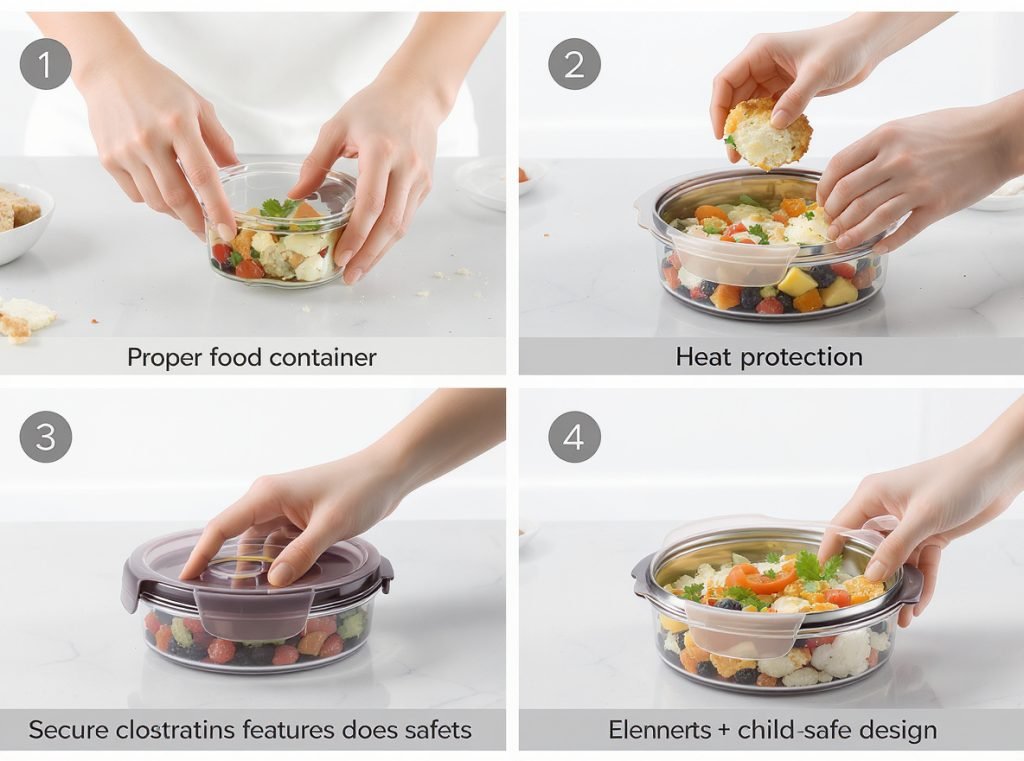 Food packaging safety features and proper handling demonstration