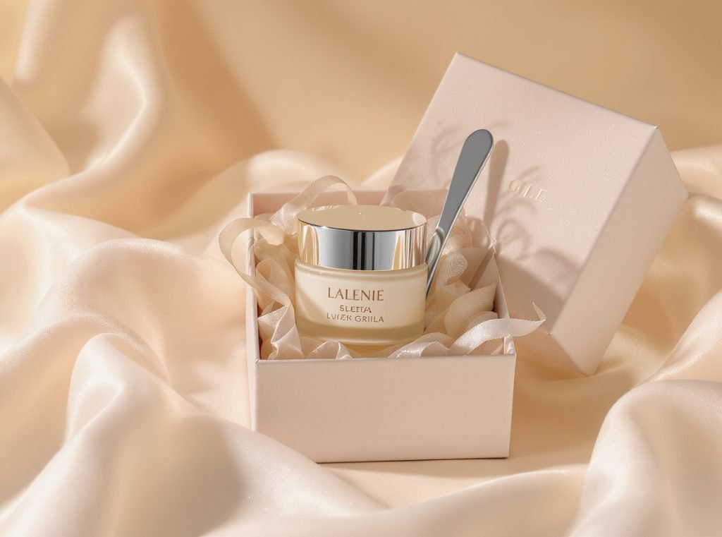 Complete cosmetic packaging solution with integrated spatula in luxury presentation box