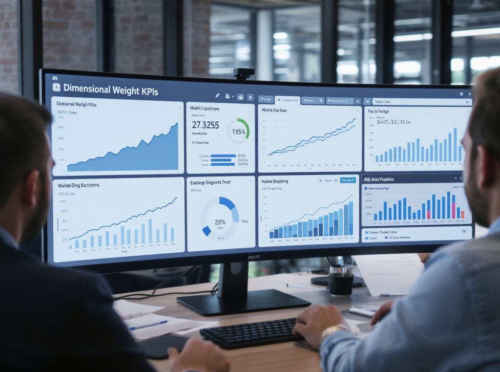 Dimensional weight performance tracking dashboard showing KPIs and analytics for shipping optimization