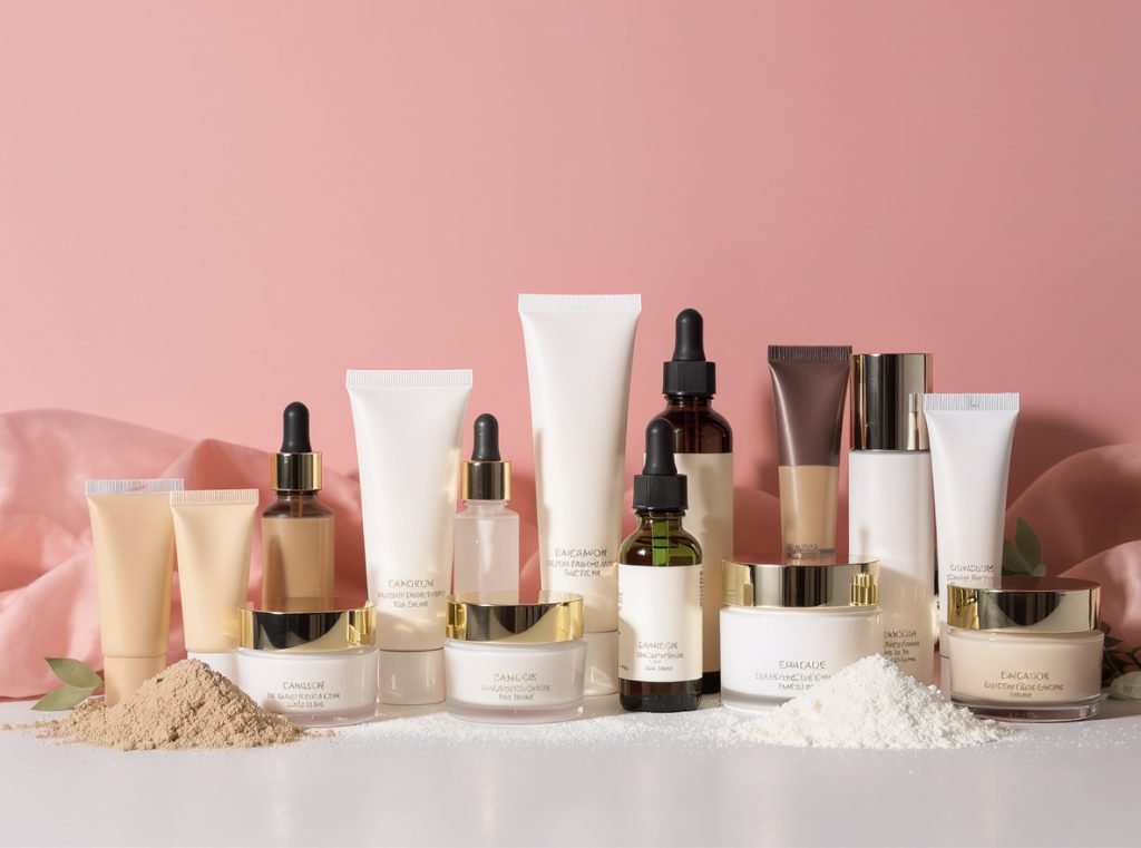 Different cosmetic product types with specialized packaging solutions for liquids, creams, oils, and powders