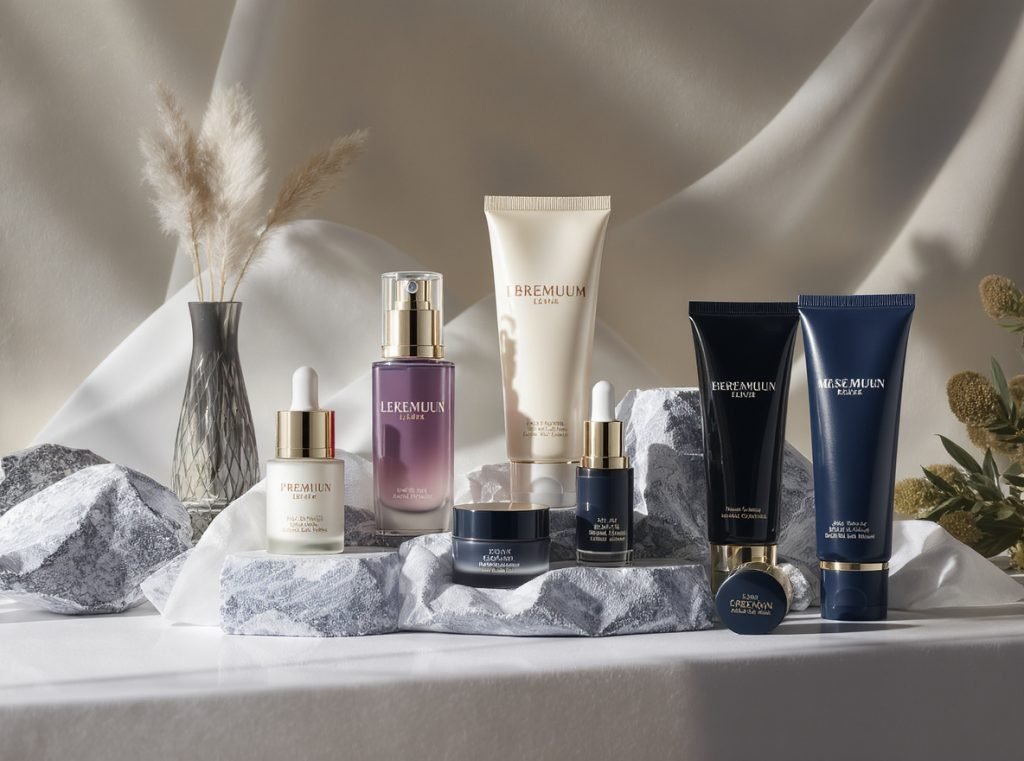 Different cosmetic product categories with premium foil stamping and embossing finishes