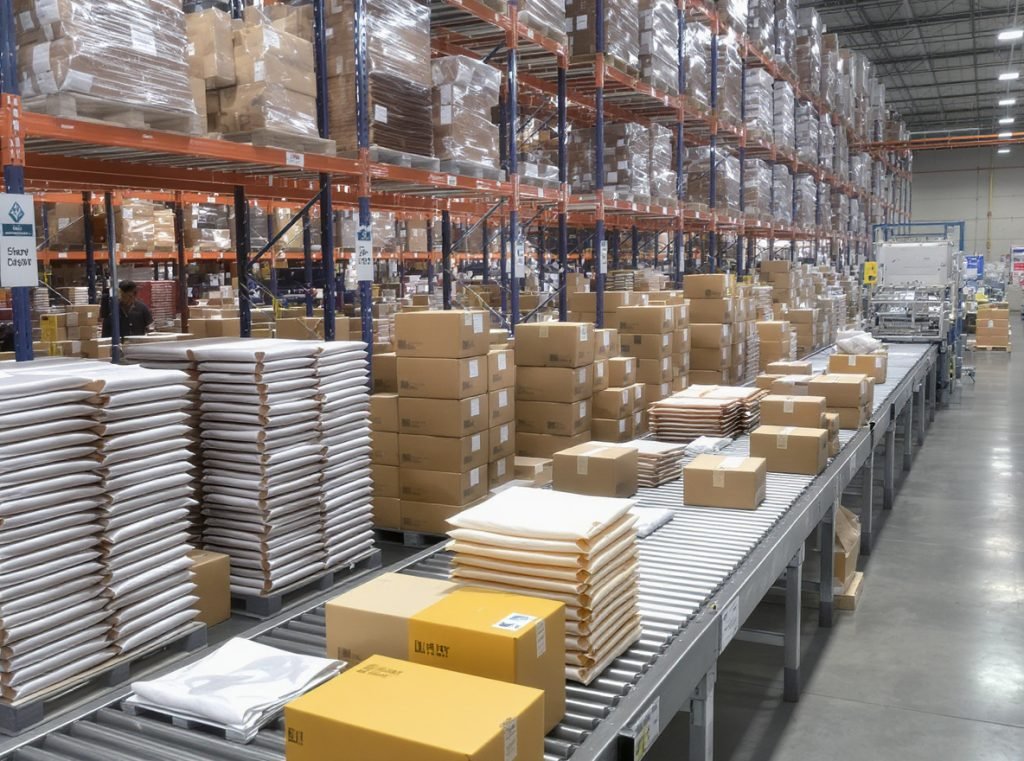 E-commerce fulfillment center using padded mailers for efficient product shipping
