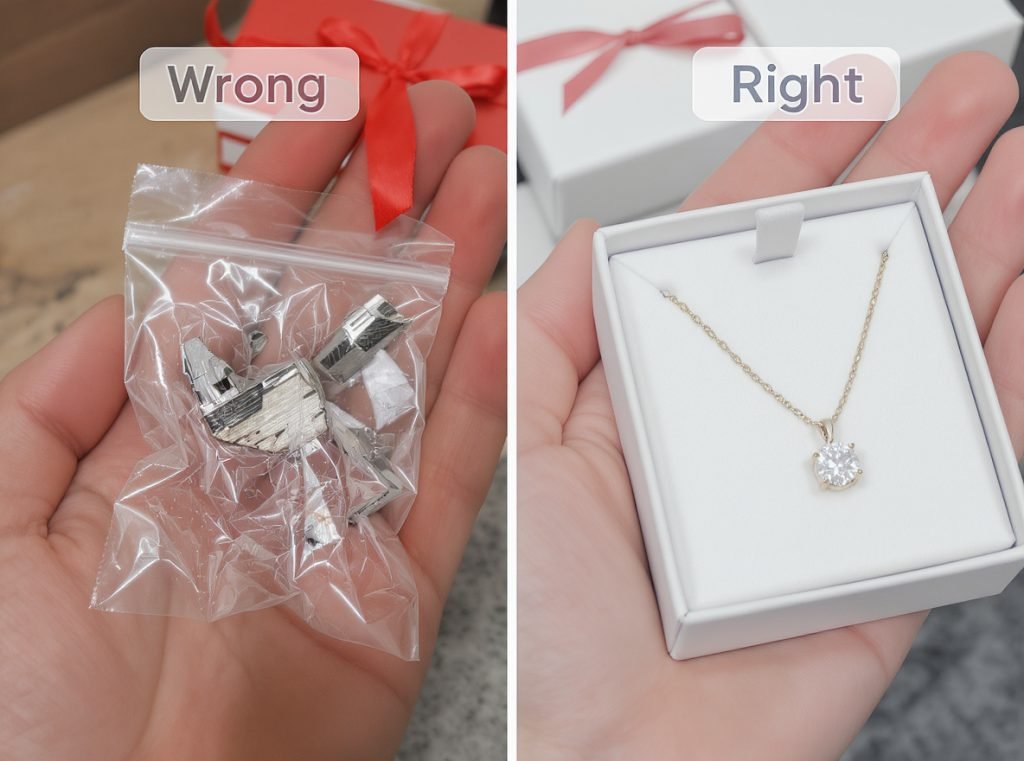 Jewelry packaging mistakes comparison showing damaged vs properly protected jewelry pieces