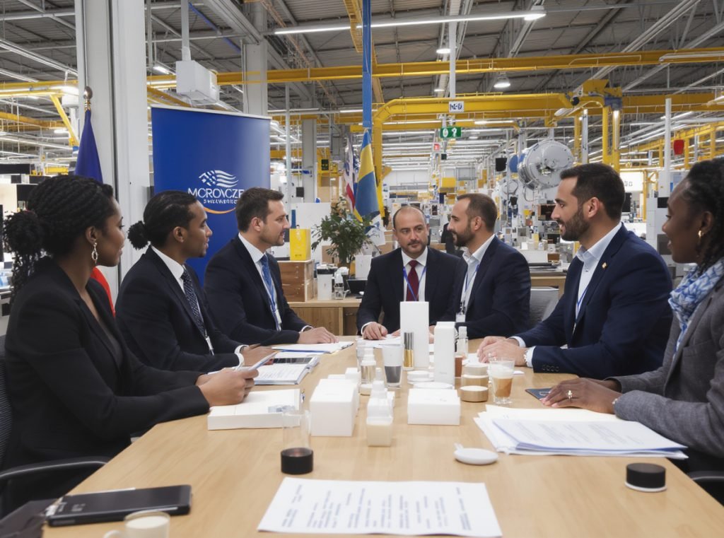 Business meeting between cosmetic brands and packaging manufacturers discussing custom finishing