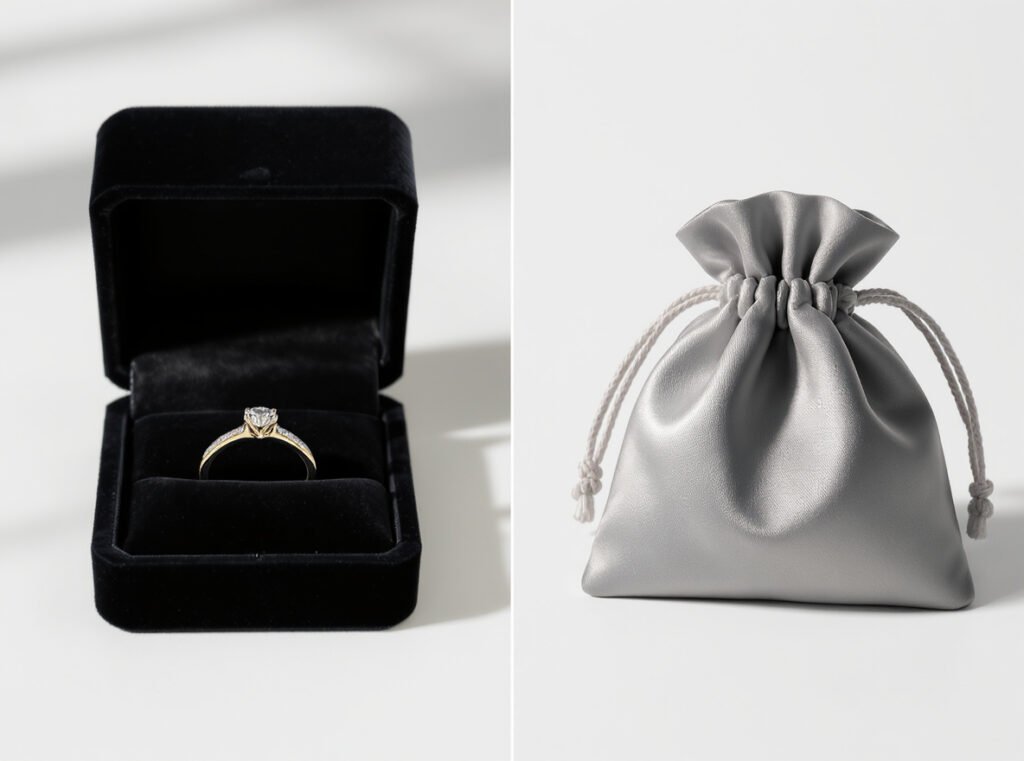 Comparison of jewelry box and pouch packaging showing luxury velvet box with ring and elegant silk drawstring pouch