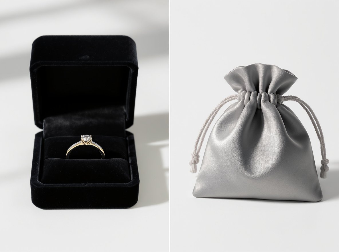 Comparison of jewelry box and pouch packaging showing luxury velvet box with ring and elegant silk drawstring pouch