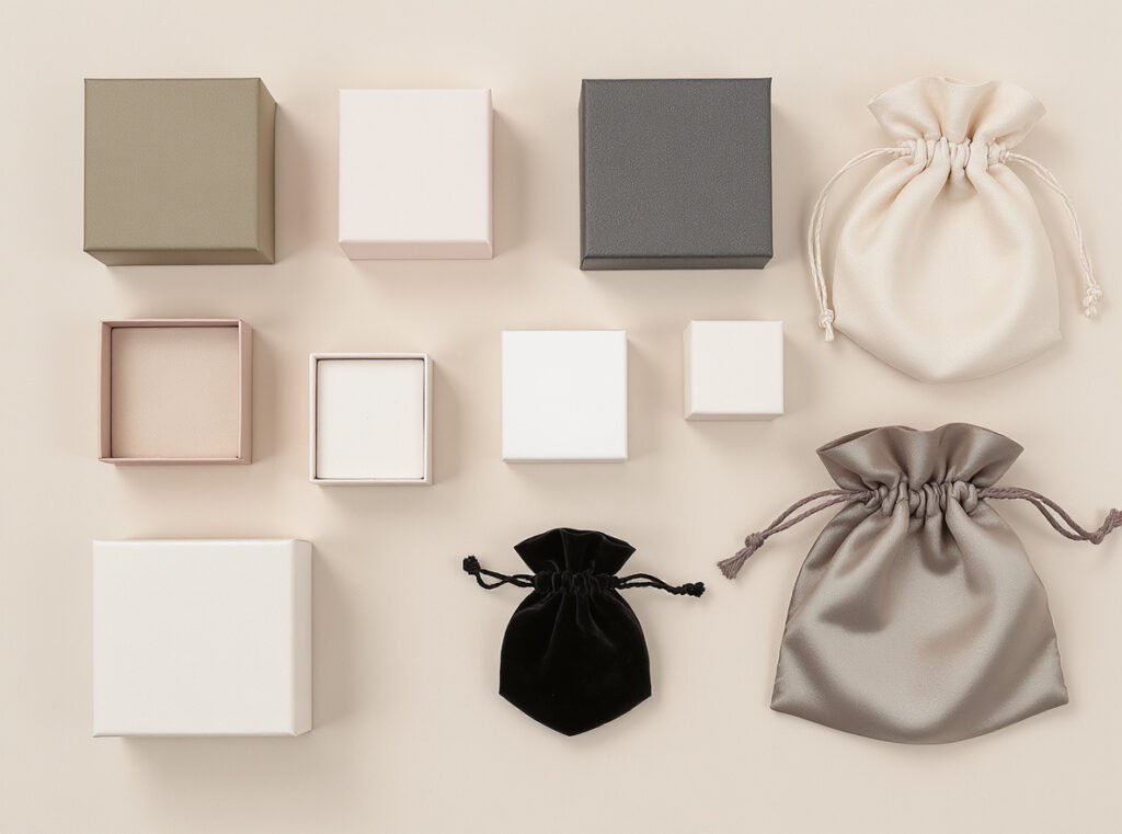 Various jewelry packaging types including rigid boxes, velvet pouches, and organza bags arranged in organized display