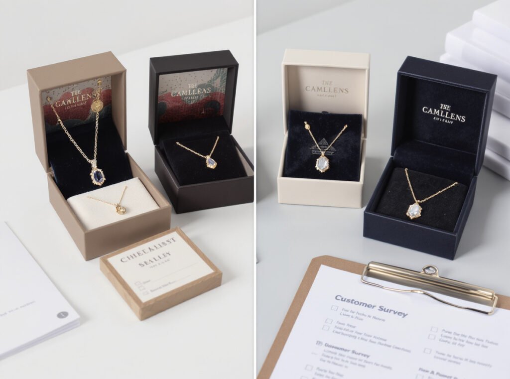A/B testing jewelry packaging options showing systematic comparison and customer feedback analysis