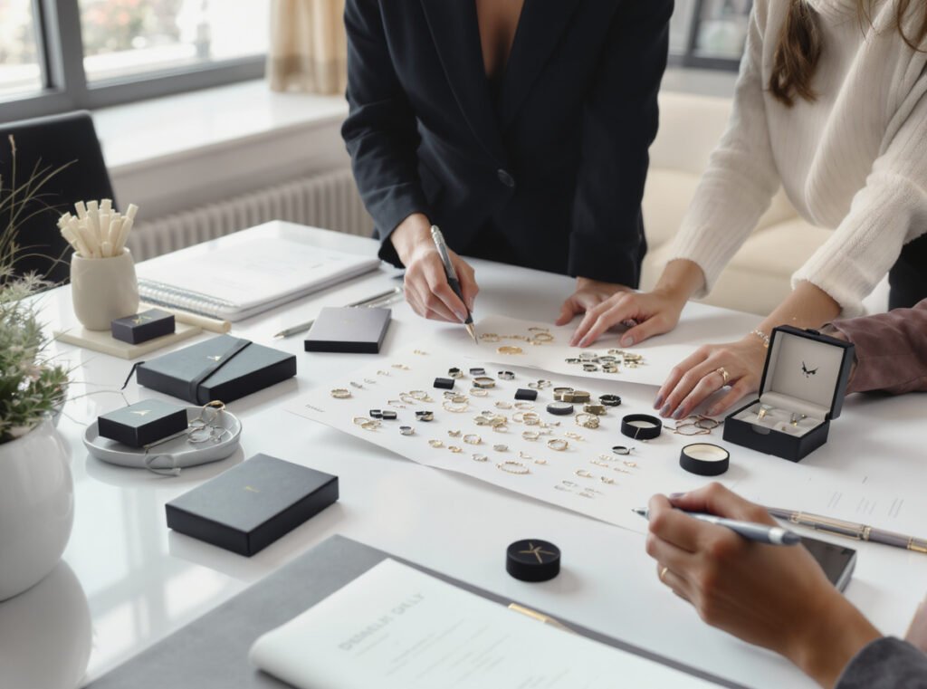 Jewelry business professional reviewing packaging options including boxes and pouches for strategic decision making