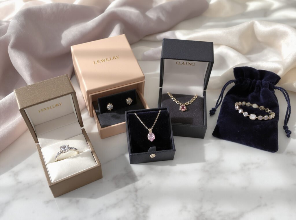 Different jewelry types paired with suitable packaging including rings in boxes and bracelets in pouches