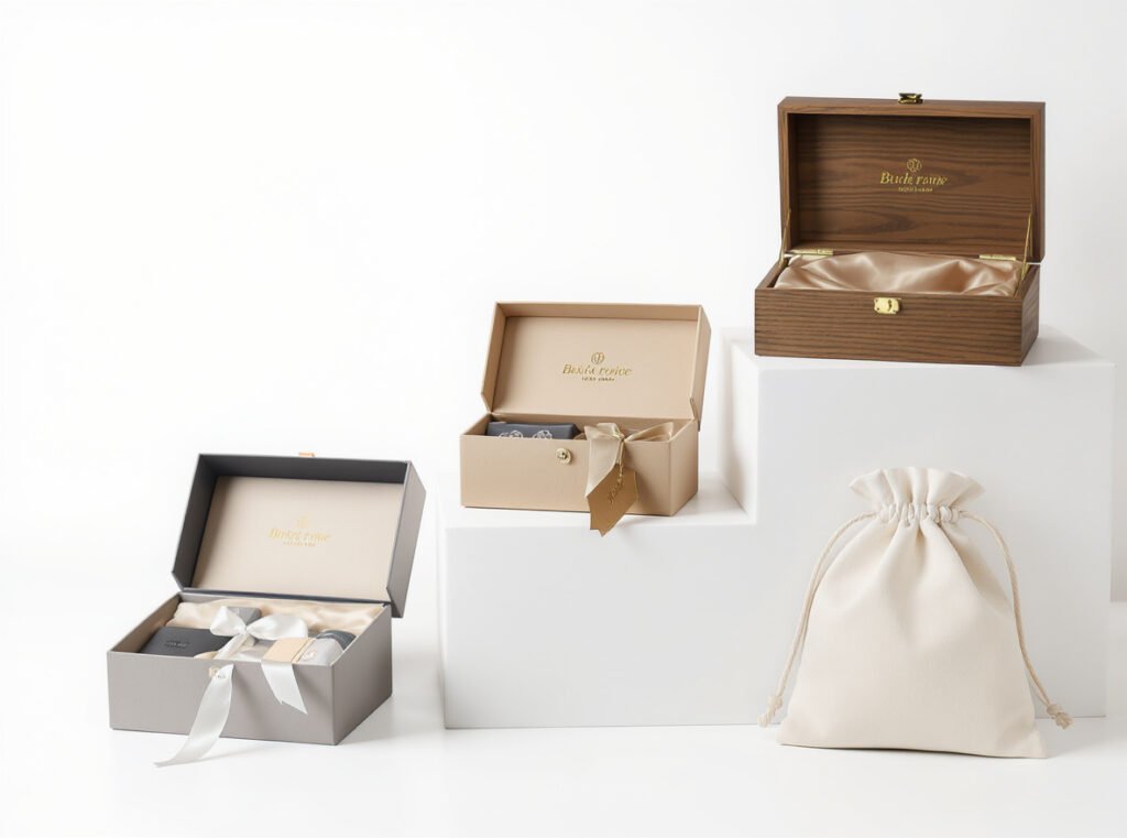 Three tiers of jewelry packaging from luxury wooden boxes to mid-range branded boxes to budget-friendly pouches