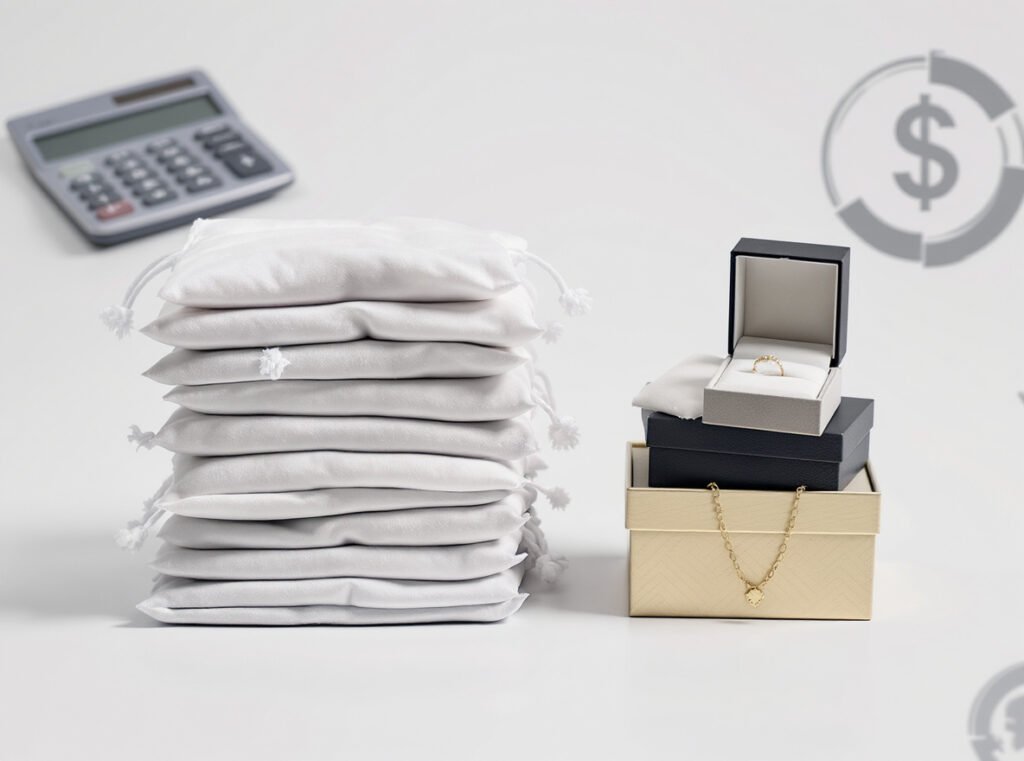 Cost comparison between affordable jewelry pouches in large quantities and premium jewelry boxes showing budget considerations