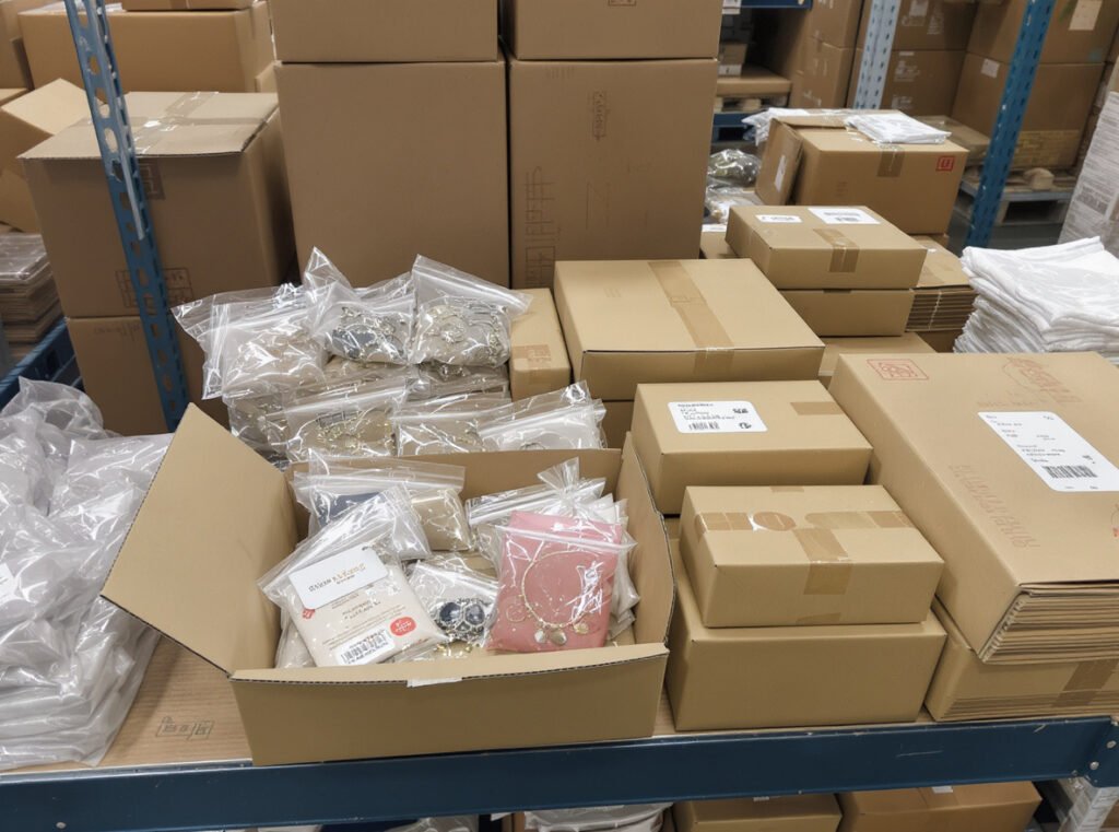 Jewelry shipping comparison showing space-efficient pouches versus bulkier box packaging for logistics planning