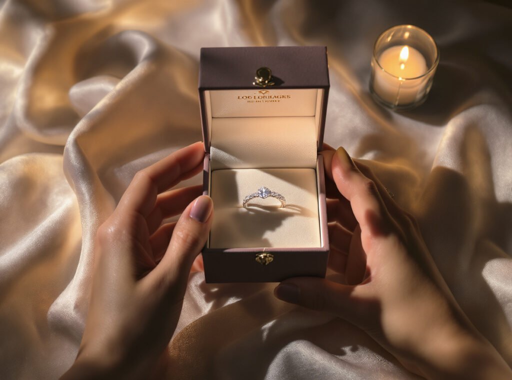 Customer unboxing luxury jewelry from premium packaging box showing memorable brand experience