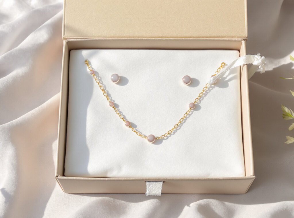 Jewelry set with dual packaging showing box for presentation and individual pouches for each piece