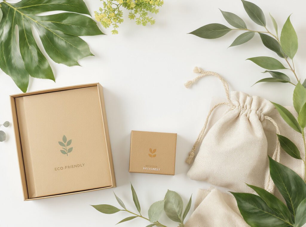 Eco-friendly jewelry packaging including recycled boxes and organic cotton pouches with natural sustainable materials